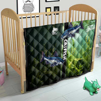 Catfish Fishing Quilt with Underwater River Scene and Green Aquatic Pattern - Wonder Print Shop