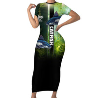 Custom Catfish Fishing Short Sleeve Bodycon Dress with Underwater River Scene and Green Aquatic Pattern - Wonder Print Shop