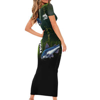 Custom Catfish Fishing Short Sleeve Bodycon Dress with Underwater River Scene and Green Aquatic Pattern - Wonder Print Shop