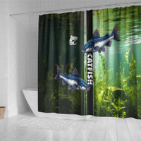 Catfish Fishing Shower Curtain with Underwater River Scene and Green Aquatic Pattern - Wonder Print Shop