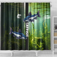 Catfish Fishing Shower Curtain with Underwater River Scene and Green Aquatic Pattern - Wonder Print Shop
