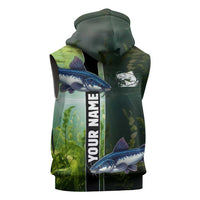 Custom Catfish Fishing Sleeveless Hoodie with Underwater River Scene and Green Aquatic Pattern - Wonder Print Shop