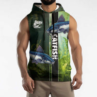Custom Catfish Fishing Sleeveless Hoodie with Underwater River Scene and Green Aquatic Pattern - Wonder Print Shop