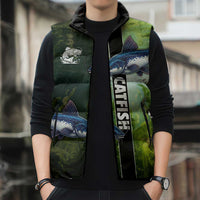 Custom Catfish Fishing Sleeveless Puffer Jacket with Underwater River Scene and Green Aquatic Pattern - Wonder Print Shop