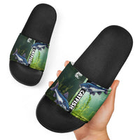 Catfish Fishing Slide Sandals with Underwater River Scene and Green Aquatic Pattern - Wonder Print Shop