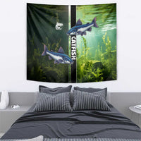 Catfish Fishing Tapestry with Underwater River Scene and Green Aquatic Pattern - Wonder Print Shop