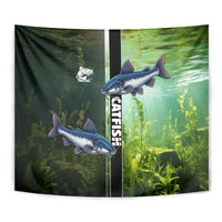 Catfish Fishing Tapestry with Underwater River Scene and Green Aquatic Pattern - Wonder Print Shop