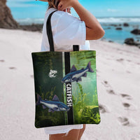 Catfish Fishing Tote Bag with Underwater River Scene and Green Aquatic Pattern - Wonder Print Shop