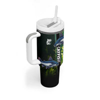Custom Catfish Fishing Tumbler With Handle with Underwater River Scene and Green Aquatic Pattern - Wonder Print Shop
