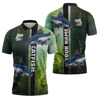 Custom Catfish Fishing Zipper Polo Shirt with Underwater River Scene and Green Aquatic Pattern - Wonder Print Shop