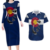 Custom Fishing Hook Couples Matching Long Sleeve Bodycon Dress and Hawaiian Shirt with Colorado Flag Theme and Blue White Graphic Pattern - Wonder Print Shop