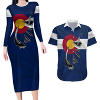 Custom Fishing Hook Couples Matching Long Sleeve Bodycon Dress and Hawaiian Shirt with Colorado Flag Theme and Blue White Graphic Pattern - Wonder Print Shop