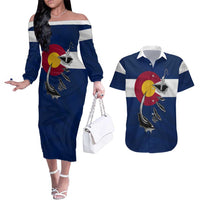 Custom Fishing Hook Couples Matching Off The Shoulder Long Sleeve Dress and Hawaiian Shirt with Colorado Flag Theme and Blue White Graphic Pattern - Wonder Print Shop