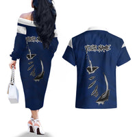 Custom Fishing Hook Couples Matching Off The Shoulder Long Sleeve Dress and Hawaiian Shirt with Colorado Flag Theme and Blue White Graphic Pattern - Wonder Print Shop