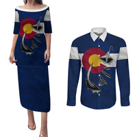 Custom Fishing Hook Couples Matching Puletasi and Long Sleeve Button Shirt with Colorado Flag Theme and Blue White Graphic Pattern - Wonder Print Shop