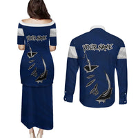 Custom Fishing Hook Couples Matching Puletasi and Long Sleeve Button Shirt with Colorado Flag Theme and Blue White Graphic Pattern - Wonder Print Shop