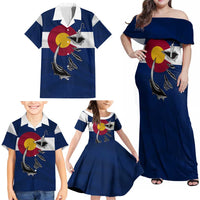 Custom Fishing Hook Family Matching Off Shoulder Maxi Dress and Hawaiian Shirt with Colorado Flag Theme and Blue White Graphic Pattern - Wonder Print Shop