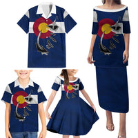Custom Fishing Hook Family Matching Puletasi and Hawaiian Shirt with Colorado Flag Theme and Blue White Graphic Pattern - Wonder Print Shop