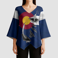 Custom Fishing Hook Kimono Sleeve Blouse with Colorado Flag Theme and Blue White Graphic Pattern - Wonder Print Shop
