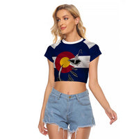 Custom Fishing Hook Raglan Cropped T Shirt with Colorado Flag Theme and Blue White Graphic Pattern - Wonder Print Shop