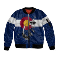 Custom Fishing Hook Sleeve Zip Bomber Jacket with Colorado Flag Theme and Blue White Graphic Pattern - Wonder Print Shop