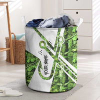 Custom Fishing Hook Laundry Basket with Green Jungle Leaf Pattern and White Split Design - Wonder Print Shop