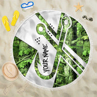 Custom Fishing Hook Beach Blanket with Green Jungle Leaf Pattern and White Split Design - Wonder Print Shop