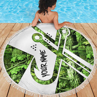 Custom Fishing Hook Beach Blanket with Green Jungle Leaf Pattern and White Split Design - Wonder Print Shop