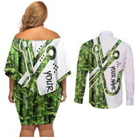 Custom Fishing Hook Couples Matching Off Shoulder Short Dress and Long Sleeve Button Shirt with Green Jungle Leaf Pattern and White Split Design - Wonder Print Shop