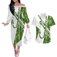 Custom Fishing Hook Couples Matching Off The Shoulder Long Sleeve Dress and Hawaiian Shirt with Green Jungle Leaf Pattern and White Split Design - Wonder Print Shop