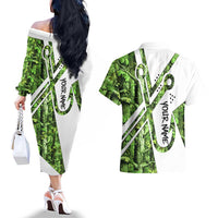 Custom Fishing Hook Couples Matching Off The Shoulder Long Sleeve Dress and Hawaiian Shirt with Green Jungle Leaf Pattern and White Split Design - Wonder Print Shop