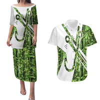 Custom Fishing Hook Couples Matching Puletasi and Hawaiian Shirt with Green Jungle Leaf Pattern and White Split Design - Wonder Print Shop