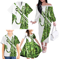 Custom Fishing Hook Family Matching Off The Shoulder Long Sleeve Dress and Hawaiian Shirt with Green Jungle Leaf Pattern and White Split Design - Wonder Print Shop