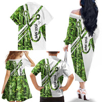 Custom Fishing Hook Family Matching Off The Shoulder Long Sleeve Dress and Hawaiian Shirt with Green Jungle Leaf Pattern and White Split Design - Wonder Print Shop
