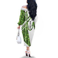 Custom Fishing Hook Family Matching Off The Shoulder Long Sleeve Dress and Hawaiian Shirt with Green Jungle Leaf Pattern and White Split Design - Wonder Print Shop