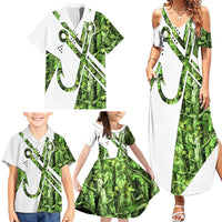 Custom Fishing Hook Family Matching Summer Maxi Dress and Hawaiian Shirt with Green Jungle Leaf Pattern and White Split Design - Wonder Print Shop