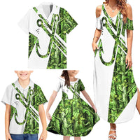 Custom Fishing Hook Family Matching Summer Maxi Dress and Hawaiian Shirt with Green Jungle Leaf Pattern and White Split Design - Wonder Print Shop