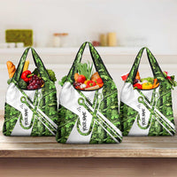 Custom Fishing Hook Grocery Bag with Green Jungle Leaf Pattern and White Split Design - Wonder Print Shop