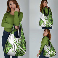 Custom Fishing Hook Grocery Bag with Green Jungle Leaf Pattern and White Split Design - Wonder Print Shop
