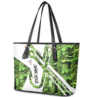 Custom Fishing Hook Leather Tote Bag with Green Jungle Leaf Pattern and White Split Design - Wonder Print Shop