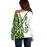 Custom Fishing Hook Off Shoulder Sweater with Green Jungle Leaf Pattern and White Split Design - Wonder Print Shop