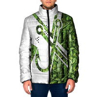 Custom Fishing Hook Padded Jacket with Green Jungle Leaf Pattern and White Split Design - Wonder Print Shop