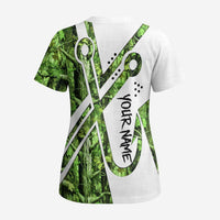 Custom Fishing Hook Scrub Top with Green Jungle Leaf Pattern and White Split Design - Wonder Print Shop