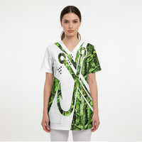 Custom Fishing Hook Scrub Top with Green Jungle Leaf Pattern and White Split Design - Wonder Print Shop