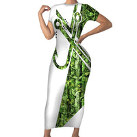 Custom Fishing Hook Short Sleeve Bodycon Dress with Green Jungle Leaf Pattern and White Split Design - Wonder Print Shop