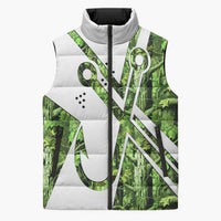 Custom Fishing Hook Sleeveless Puffer Jacket with Green Jungle Leaf Pattern and White Split Design - Wonder Print Shop