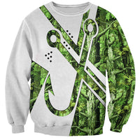 Custom Fishing Hook Sweatshirt with Green Jungle Leaf Pattern and White Split Design - Wonder Print Shop
