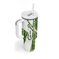 Custom Fishing Hook Tumbler With Handle with Green Jungle Leaf Pattern and White Split Design - Wonder Print Shop