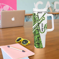Custom Fishing Hook Tumbler With Handle with Green Jungle Leaf Pattern and White Split Design - Wonder Print Shop