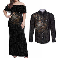 Vikings Odin Couples Matching Off Shoulder Maxi Dress and Long Sleeve Button Shirt with Viking Runes and Ravens Norse Mythology - Wonder Print Shop